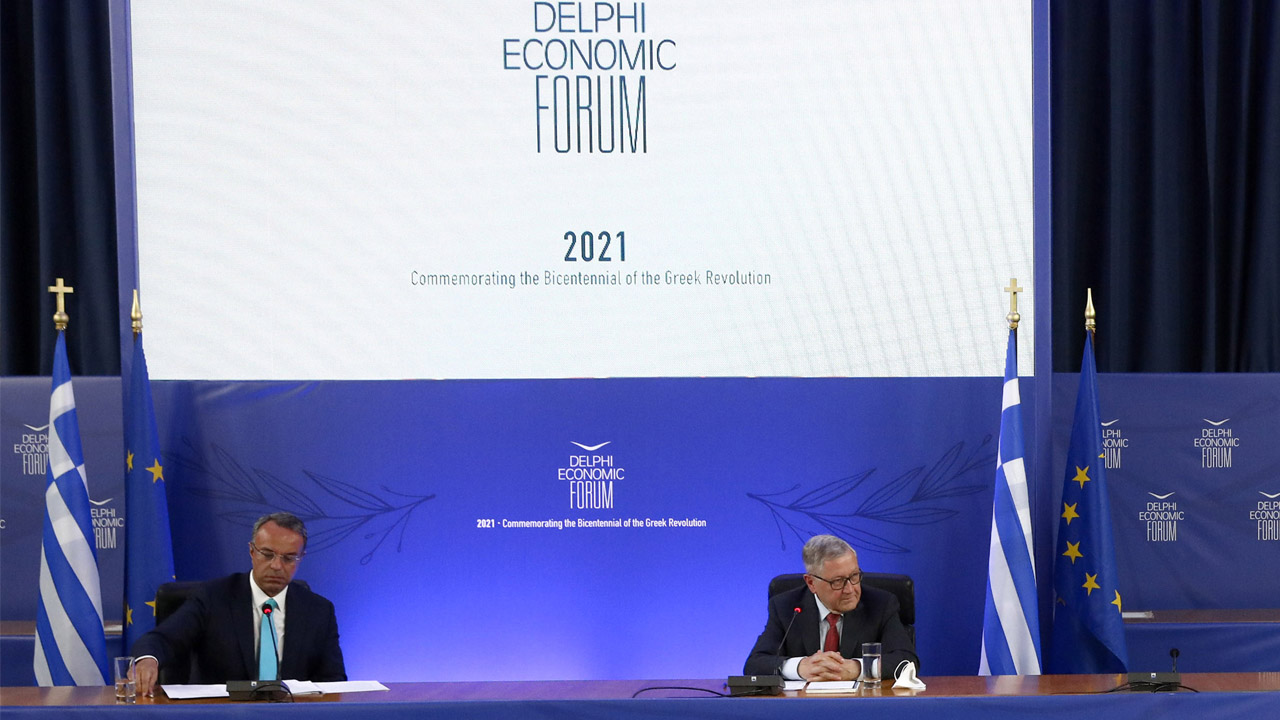 Christos Staikouras, Klaus Regling and Antonis Papayannides at Delphi Economic Forum 15 May 2021