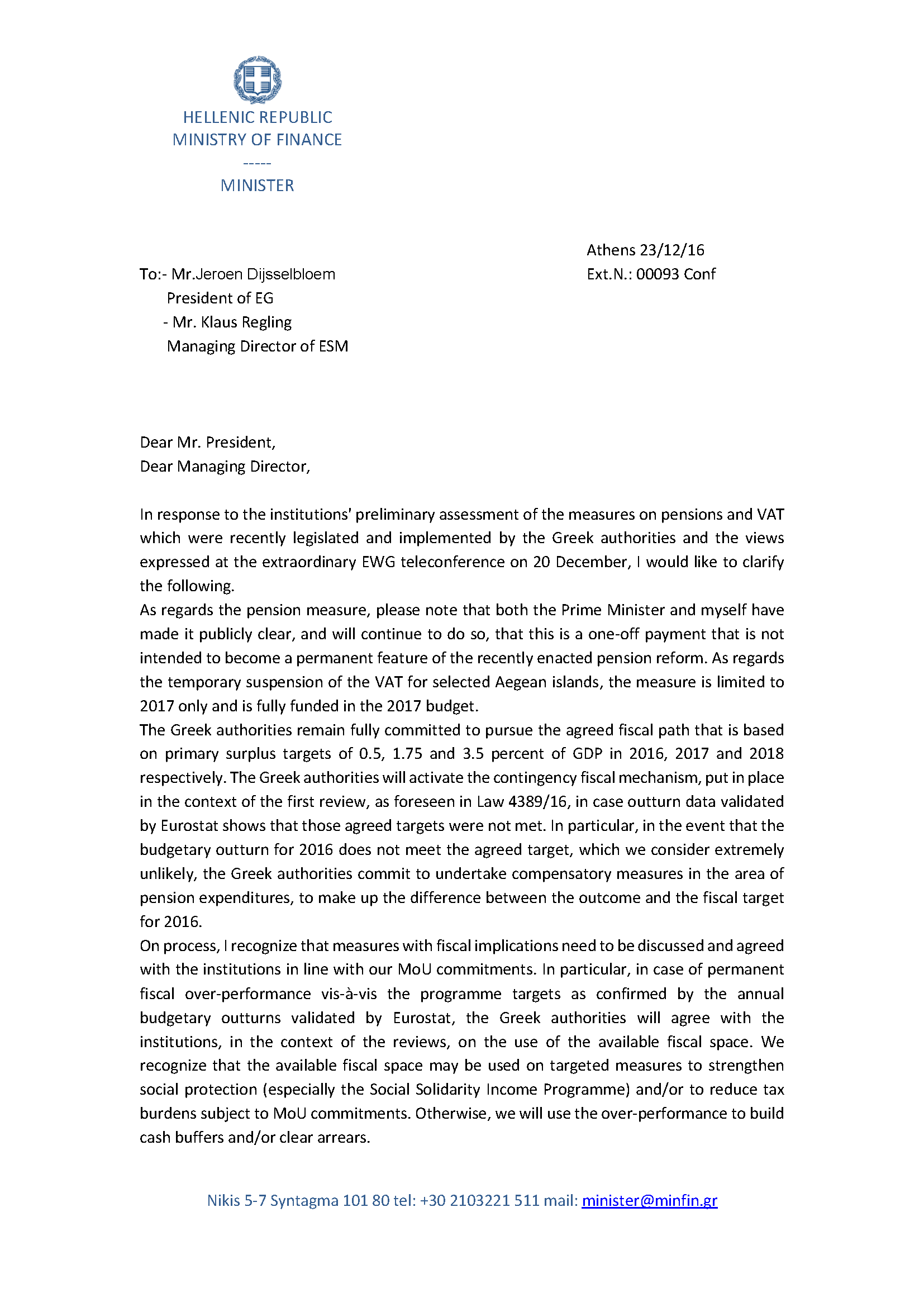Letter of the Greek Finance Minister to the Eurogroup President
