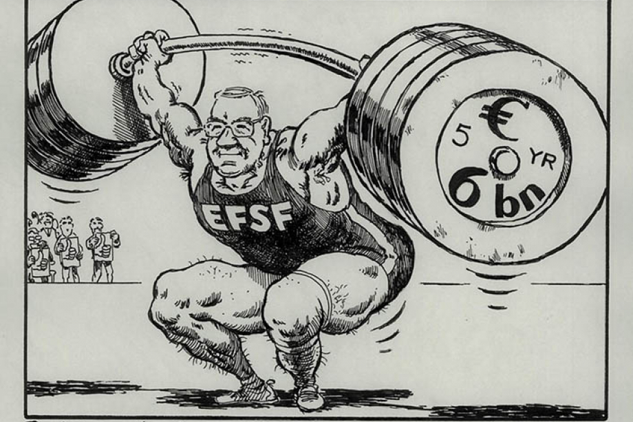Klaus Regling, CEO of EFSF and ESM Managing Director, depicted as a prize weightlifter after a successful bond issue